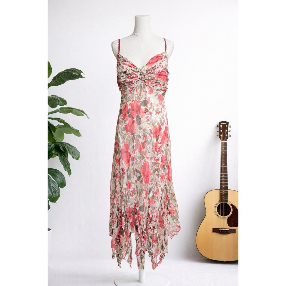 Vtg Y2K Womens Asymmetric Fairy Maxi Dress 14 Silk Floral Feminine Romantic Prom